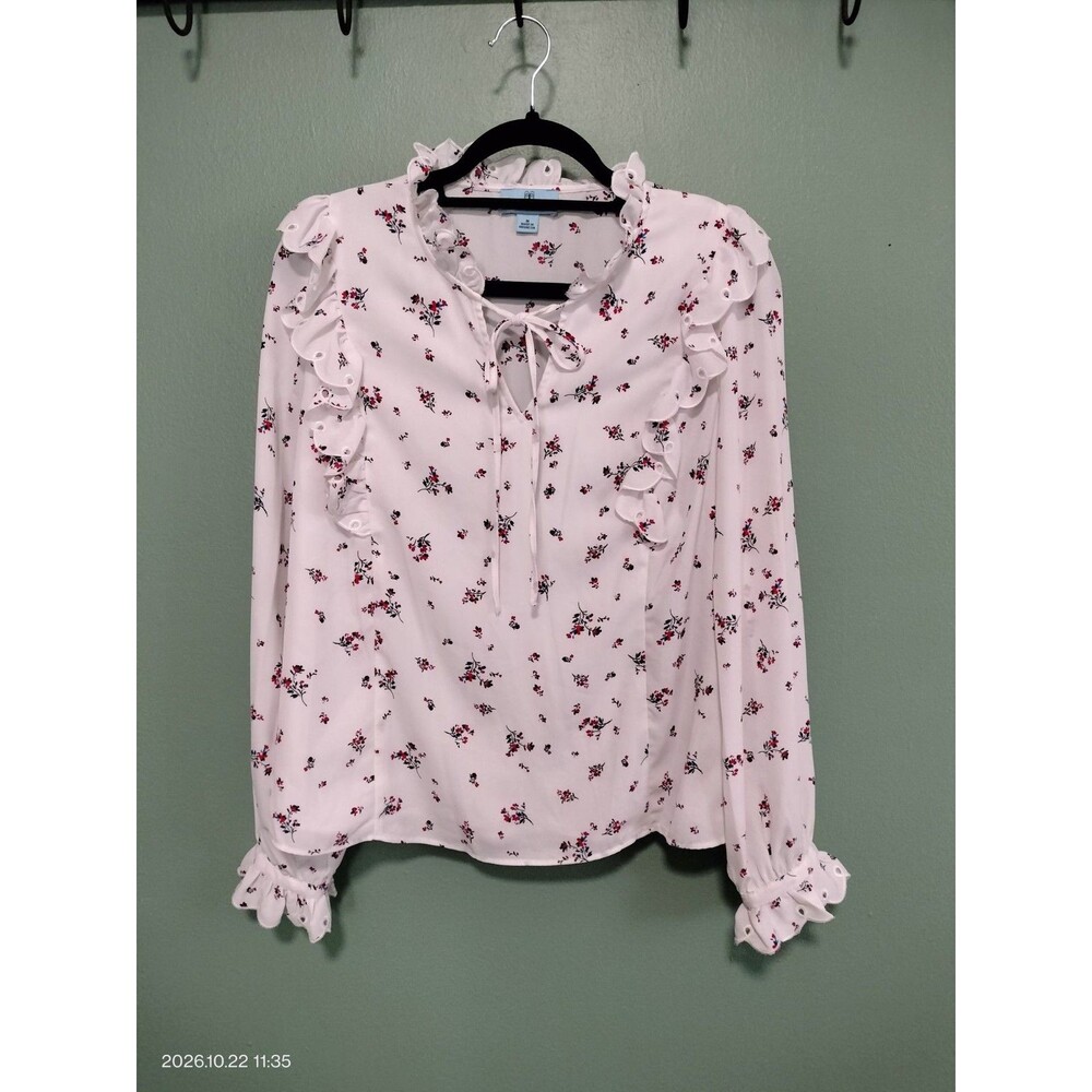 CeCe Floral Ruffle Trim Tie-Neck Blouse Cottagecore Ruffle Sz Medium
